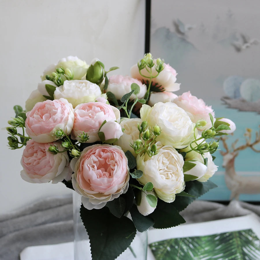 Silk Peony Rose Bouquet for Home Decor and Weddings