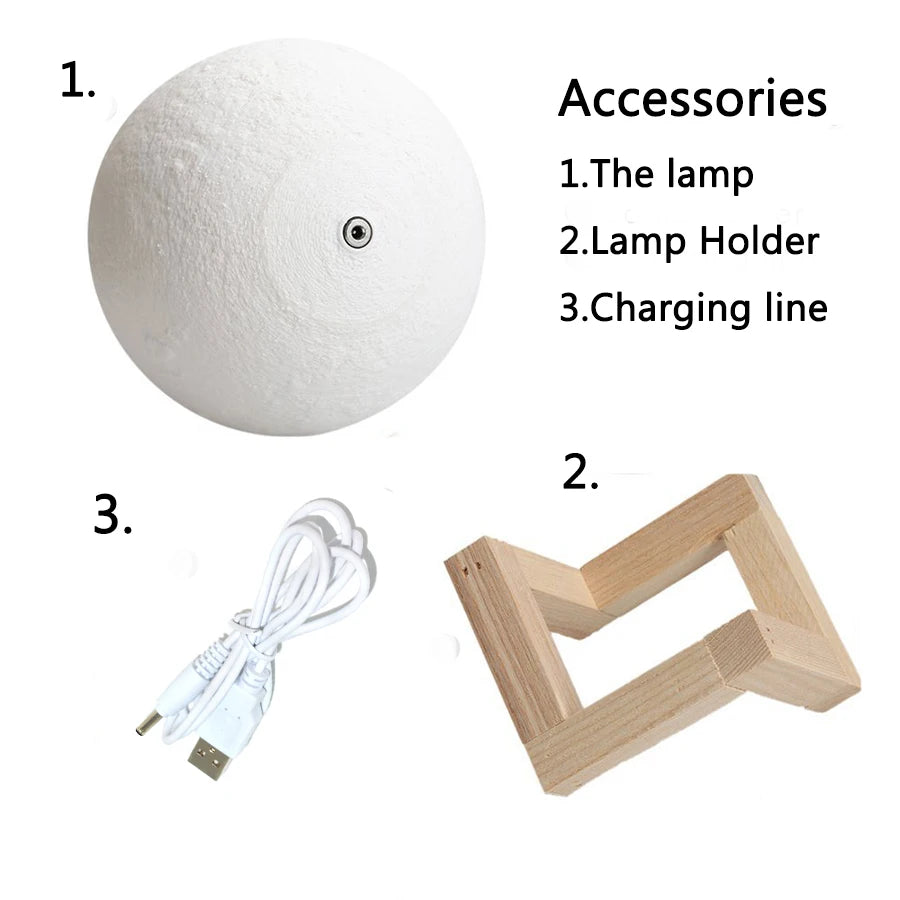 Rechargeable 3D Printed Moon Lamp - LED Night Light